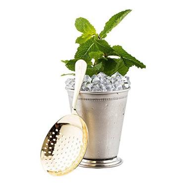 Imagem de Coador Julep Bar Lux de 16,4 cm x 7,6 cm, 1 coador perfurado para bebidas – cabo ergonômico, coador de coquetel de aço inoxidável banhado a ouro, grau comercial, para bartenders – restaurante