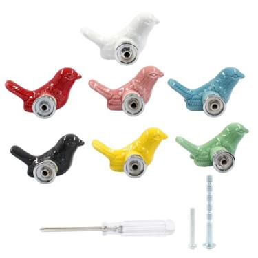 Imagem de HARSKIYER Puxadores de cerâmica em forma de pássaro, pacote com 7 puxadores coloridos para cômoda, gaveta, armário com parafusos de montagem e chave de fenda