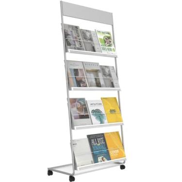 Imagem de tongmo Porta-Revistas de Chão de 4 Camadas com Rodas, Expositor de Folhetos, Metal de Alta Dureza para Exposições, Escritórios e Qualquer Organização Que Exija Exibição de Informações (Prateado)