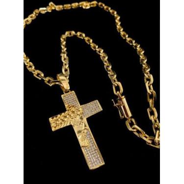 Imagem de Corrente cadeado 6mm com crucifixo cravejado banhados a ouro - ToJoia1