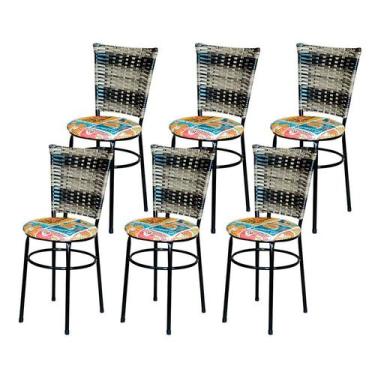 Imagem de 6 Cadeiras para Cozinha Preta Hawai Cappuccino Premium Assento Floral 