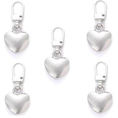 Imagem de 5 peças de zíper em forma de coração com zíper, substituição, zíper de metal, mochilas, zíperes, conserto para casacos, calças, bagagem, fixadores, noções de costura e suprimentos (prata)