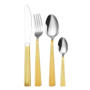 Imagem de Conjunto de talheres premium para 6 talheres exclusivos de aço inoxidável, 24 peças, conjunto de talheres espelhados, garfos, facas, colheres, utensílios de mesa para comer em casa, restaurante,