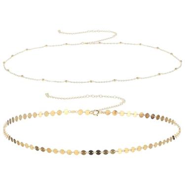 Imagem de COMNICO Corrente de cintura dourada, 2 peças de corrente de barriga em camadas ajustável de metal com elos de metal, à prova d'água, biquíni, contas, contas, delicadas, corrente de moeda, presentes