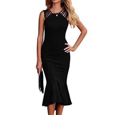 Imagem de PRETTYGARDEN Vestido feminino elegante midi colado ao corpo, sem mangas, costas nuas, bainha com babados, sereia, formal, coquetel, casamento, convidada, Preto, M