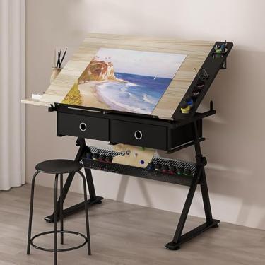 Imagem de Mesa de desenho de madeira vintage e conjunto de banquinhos de artista, mesa inclinada de 0° a 80°, altura ajustável (68-91 cm), estação de trabalho de desenho para escritório em casa, estudo escolar
