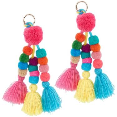 Imagem de Beebeecraft 2 peças, bolsa boho, berloque, colorido, pompom, borla, chaveiro, cor escura, 23 cm para decoração de bolsa feminina