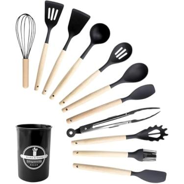 Imagem de Kit Jogo de Utensílios Para Cozinha 12 Peças, de Silicone e Cabo de Madeira, Conjunto Antiaderente, Possui Espátulas, Colheres, Pegadores, Fouet, Pincel e Suporte Premium (Preto)