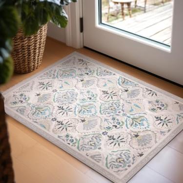 Imagem de Ashler Tapete de entrada vintage – design floral boho tropical, azul nevoeiro/cinza claro/roxo, marroquino ultrafino lavável na máquina, tamanho 2x3