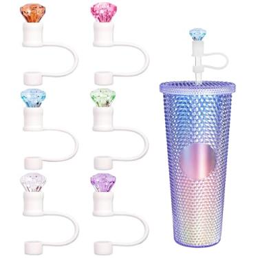 Imagem de Pacote com 6 protetores de palha compatíveis com copo Starbucks, tampa de silicone reutilizável em forma de diamante de 7-8 mm, tampa protetora com acessórios coloridos fofos