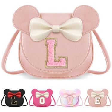 Imagem de izuzta Bolsa infantil para crianças 1 2 3 4 5 6 7 8 anos de idade bonito mouse orelha laço bolsa transversal presente de aniversário, Grande/bolsa rosa/letra rosa, Large, G