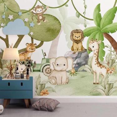 Imagem de Papel de Parede Infantil Safari Encantado  Animais Fofinhos e Floresta