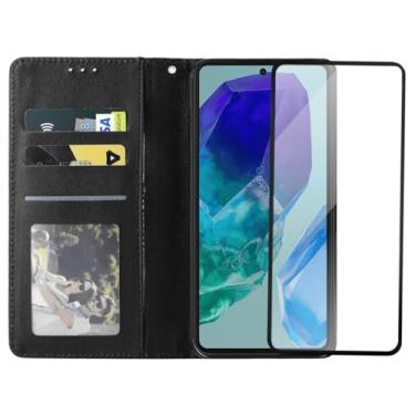Imagem de Capa Carteira Flip de Couro com Porta Cartão Compatível Samsung Galaxy M55 Preta + Película de Vidro Temperado 3D