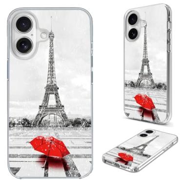 Imagem de AKORAVO Capa para iPhone 16 para mulheres e homens, capa protetora completa à prova de choque macia TPU transparente fina capa de telefone com design para iPhone 16 6.1, guarda-chuva vermelho
