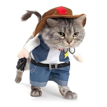 Imagem de NACOCO Fantasia de cowboy com chapéu para gato e cachorro pequeno - roupas de Halloween (grande) azul
