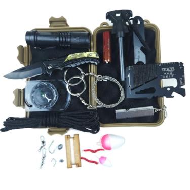 Imagem de Kit Sobrevivência Emergência Camping Trilha Canivete Pesca Lanterna Pederneira Bússola Acampamento, Com Estojo