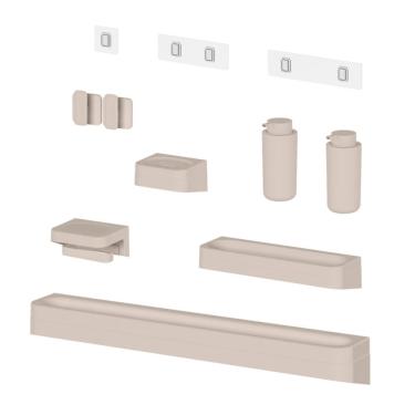 Imagem de Kit Banheiro 8 Peças Saboneteira + Porta Papel Higiênico + Porta Shampoo + 2 Dispenser Shampoo + Toalheiro + 2 Ganchos + Adesivos Bege Ou