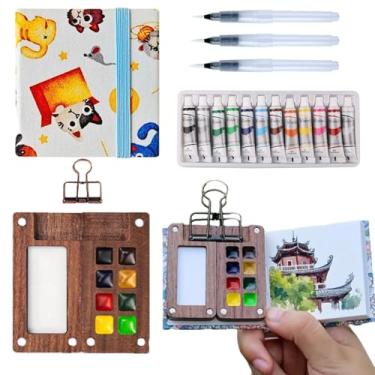 Imagem de Aimery Mini conjunto de tinta aquarela para viagem, kit portátil de pintura de tinta aquática com bolso pequeno em miniatura com paleta de madeira e caderno de desenho (animais)