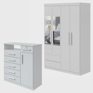Imagem de Conjunto de Guarda-roupa Solteiro com Espelho 4 Portas 2 Gavetas Zeus e Cômoda da Vinci