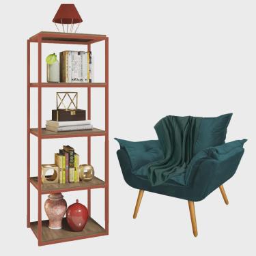 Imagem de Kit Poltrona Fatte com Manta Soft Verde e Estante Livreiro Ferro Bronze mdf Caramelo Suede Azul Turquesa - Ahazzo Móveis