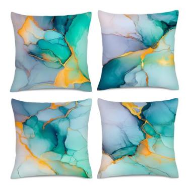 Imagem de HIKENVIU Capas de almofada decorativas turquesa com textura de mármore, azul-petróleo, dourado, para sofá, cadeira, sala de estar, quarto, conjunto de 4 45 x 45 cm, capa de almofada moderna abstrata