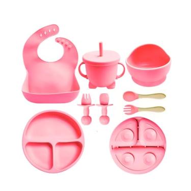 Imagem de Kit Alimentação Bebê em Silicone 8 Peças Inclui Babador Tigelas com Ventosa Talheres e Copo com Alça (Rosa)