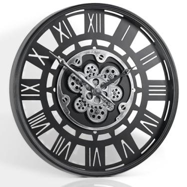 Imagem de TISEMENT Relógio de parede extragrande de fazenda de 61 cm, relógio de parede vintage com engrenagens de mudança reais/moldura de metal para sala de estar, sala de jantar, quarto, decoração de