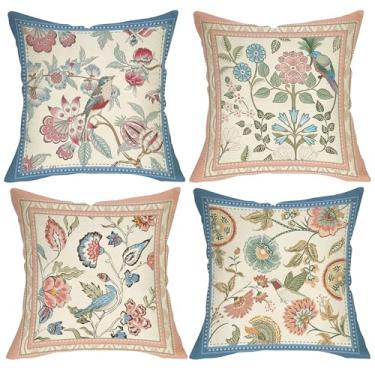 Imagem de Fjfz Capas de almofada decorativas de pássaros de flores vintage 45,7 x 45,7 cm conjunto de 4, rosa azul elegante floral pássaro azul beija-flor varanda decoração de casa ao ar livre, capa de almofada