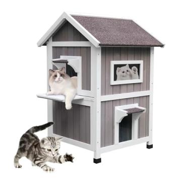 Imagem de Rockever Casa para Gatos Ao Ar Livre, Casas Ao Ar Livre de 2 Andares para Gatos Selvagens, Abrigo Externo de Madeira para Gatos À Prova de Intempéries com Porta de Fuga