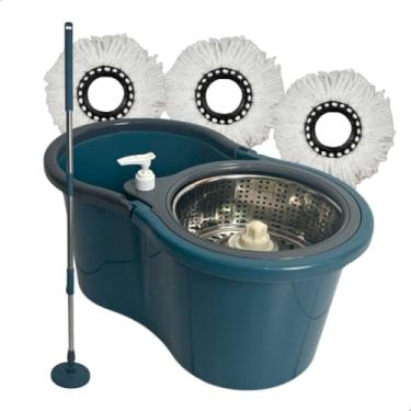 Imagem de Mop Giratório Cesto Inox Com Rodas 16L+ 4 Refis Limpeza Esfregão(14L Total-8L Uso S/Rodas+3refi,Azul)
