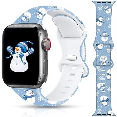 Imagem de Pulseira de relógio de Halloween de Natal compatível com Apple Watch de 38 mm, 40 mm, 41 mm, 42 mm, 44 mm, 45 mm, iWatch SE, séries 8, 7, 6, 5, 4, 3, 2, 1, de silicone macio, de Natal, Halloween, pulseira de substituição esportiva para meninas (Natal azul, 38/40/41 mm)