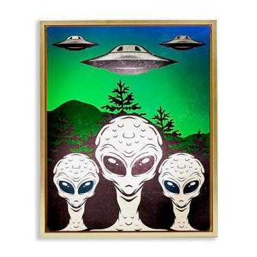 Imagem de Stupell Industries Arte de parede vintage Aliens & UFO moldura dourada flutuante em tela, design por Kim Allen, 25 x 31