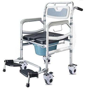 Imagem de Cadeira de cabeceira 4 em 1, cadeira de rodas para chuveiro de transporte de movimento com 4 rodas silenciosas traváveis, cadeira rolante de vaso sanitário de liga de alumínio, pedais dobráveis