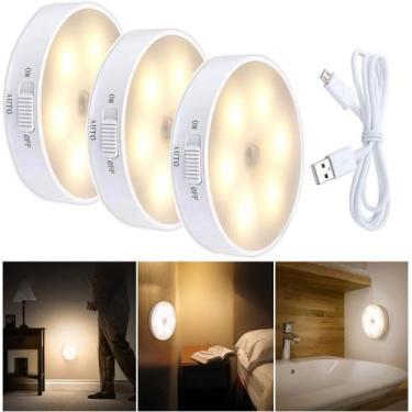 Imagem de Kit 3 Luminárias Lâmpada Led Sem Fio Com Sensor Presença Usb Recarregá
