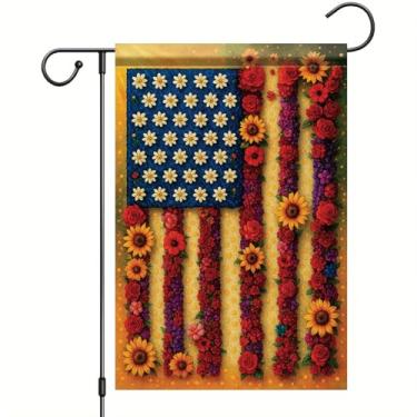Imagem de Starlit Patio Bandeira patriótica de jardim 4 de julho floral bandeira americana margarida rosa girassol banner externo decoração de quintal EUA verão sazonal vermelho branco azul casa de flores