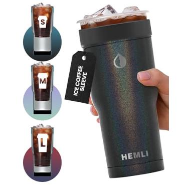 Imagem de HEMLI Ice Coffee Sleeve Double Wall Stainless Steel Insulation, Reusable Coffee Sleeve for Starbucks, Dunkin Donuts, McDonalds, 16-24 oz, Ice Coffee Accessories (Black Shimmer)