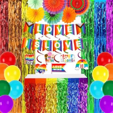 Imagem de AUGSUN Conjunto de decorações de festa do orgulho banner pendurado redemoinhos balão arco-íris cortinas franjas saias de mesa leques de papel para decoração de festa do orgulho gay arco-íris arco-íris