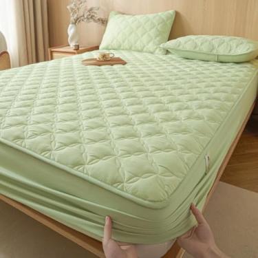 Imagem de Capa protetora de colchão acolchoada à prova d'água, respirável, silenciosa, confortável, lençol com elástico macio - verde | King 180 x 200 cm