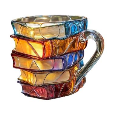 Imagem de WeiLaiKeQi Caneca de café em formato de livros empilhados pintados 260ml para leitores, enfeite de mesa de resina multiuso exclusivo feito à mão