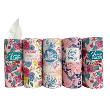 Imagem de Suporte de lenços de carro, cilindro de lenços de carro 5PK (4PK + 1 cor da sorte), tecido de carro de 3 camadas com flores fofas e provérbios positivos, adequado para porta-copos de carro e porta de