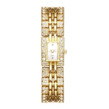 Imagem de JewelryWe Relógio de pulso feminino quadrado com gelo - hip hop dourado brilhante analógico quartzo completo diamante elegante, Dourado, Adjustable