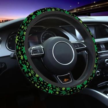 Imagem de NOMEDOGYIm Capa de volante de carro folha de maconha folhas verdes em fundo preto capa de volante decoração de carro adequada para a maioria dos veículos, incluindo caminhões e SUV
