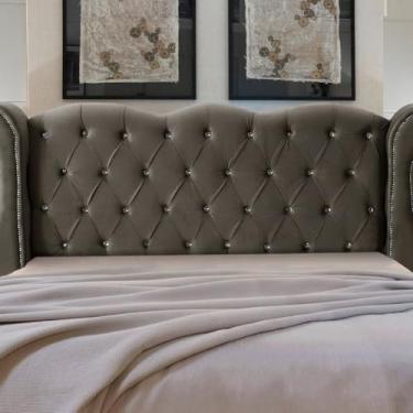 Imagem de Cabeceira Estofada Safira para Cama Box Solteiro, Veludo Marrom, 135x128x25 cm, com Botões e Pés (Brida)