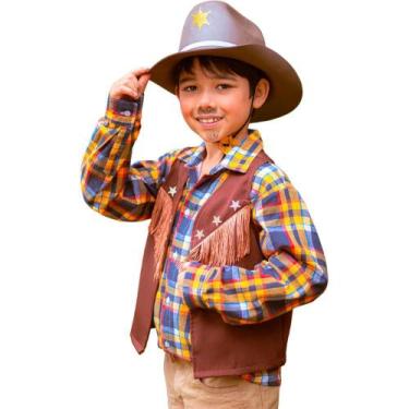 Imagem de Fantasia Cowboy Infantil pra Menino Luxo Kit com Colete Country e Chap