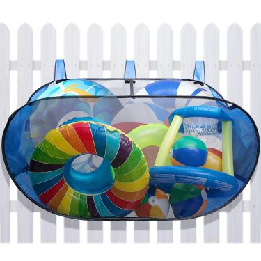 Imagem de Adnee Bolsa de armazenamento flutuante para piscina, organizador de piscina de malha suspenso para cerca lateral da piscina, cesta de malha dobrável para armazenamento de brinquedos de piscina para