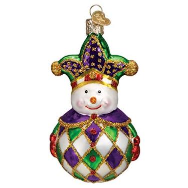 Imagem de Ornamento decorativo de árvore natalina de vidro de boneco de neve arlequim verde e roxo quadriculado