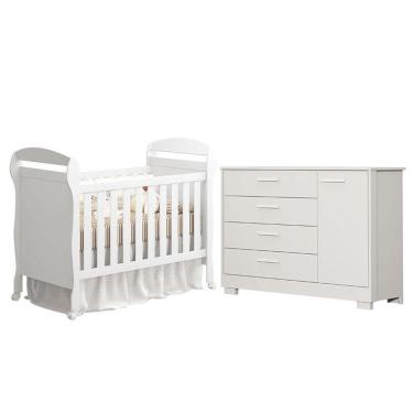 Imagem de Kit Berço Americano Danny e Cômoda Infantil Zaki em MDF com Grade Fixa Branco Acetinado