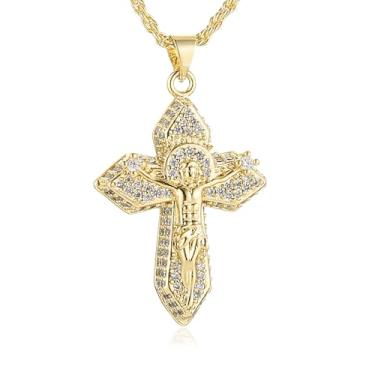 Imagem de HZMAN Colar feminino banhado a ouro 14K delicado zircônia cúbica crucifixo cruz pingente cristã proteção joia presente