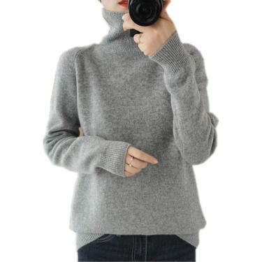 Imagem de Moda Feminina Gola Alta Cashmere Pullover, Gray, L