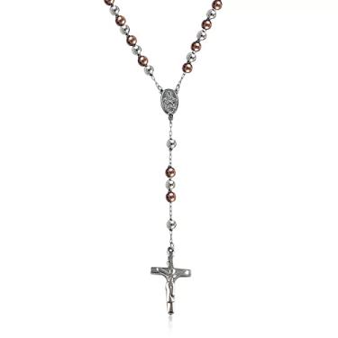 Imagem de Savlano Colar de cruz de rosário com contas de aço inoxidável – 6 mm cruz crucifixo colar rosário corrente para mulheres e homens, joias religiosas vêm em prata, ouro, rosa, preto com uma caixa de presente, Aço inoxidável, Sem Pedra Preciosa